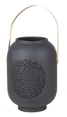 Zuhausesein Laterne Mond Räder: Schwarze Deko Laterne mit goldenem Henkel und kreisförmigem Lochmuster für stimmungsvolle Beleuchtung.